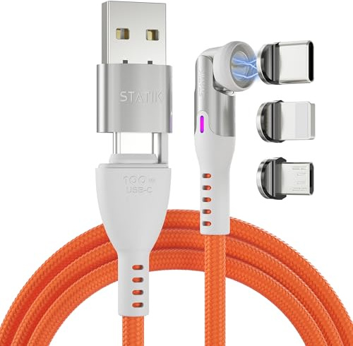 Statik 360 Pro Magnetic Charging Cable, USB-C Micro-USB Lightning 100W | Includes USB-C, Micro-USB & Lightning tips. USB-A adapter included. Fast charging & data transfer, 6FT, Orange