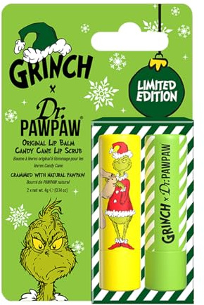 Dr.PAWPAW x The Grinch Candy Cane Lip Scrub and Original Balm Duo 2 x 4g, Exfoliating and Hydrating Pawpaw Lip Care Set, Vegan and Cruelty Free, Gift Set