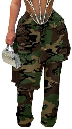 LKOUS Camo Jean for Women High Waist Baggy Wide Leg Camouflage Denim Pants Trousers Sweatpants with Pockets