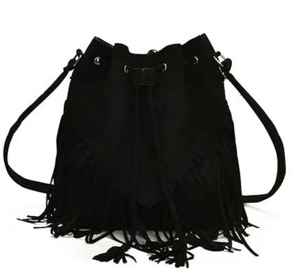 ZRHWSPD Borsa A Tracolla Con Frange In Pelle Borsa a tracolla con nappa, grande capacità, versatile(Black)
