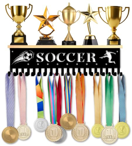 SUPERDANT Medaillen Aufhängung Holz Trophäen Regal Mit 18 Haken Metallhalter Wandmontage Sportmedaillen Ablage Geschenk Für Kinder Athleten