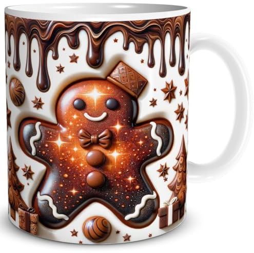 TRIOSK Weihnachtstasse 3d Illusion mit Lebkuchenmotiv Tasse Heiße Schokolade lustiges Geschenk für Männer Frauen Schokoladenliebhaber Weihnachten Winterfreunde Kollegen, Keramik 300ml