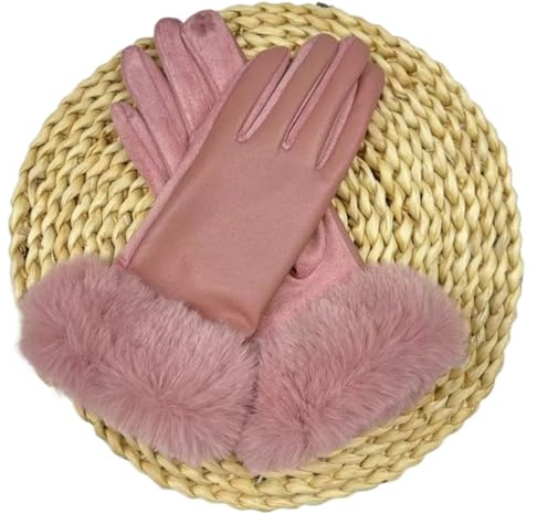 Damen Lederhandschuhe Winter Damen Warm halten Plus Samt Wildleder Plüsch Handgelenk Lederhandschuhe Solide Einfache Elegante Soft Drive Radfahren FüR Damen(Pink)