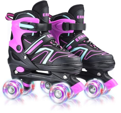 ERNAN Patines 4 Ruedas, 4 tamaños Ajustables con Ruedas Que Brillan en la Oscuridad, Patines de Ruedas para niños,Patines Niña Niño Principiante Regalo (Pink, S)