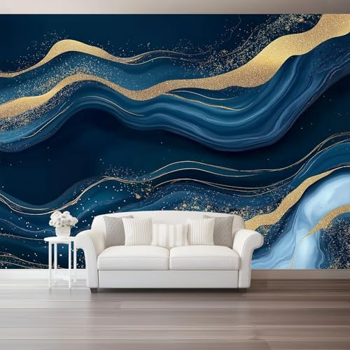 Papel tapiz fotográfico 250 x 175 cm Revestimiento de paredes decoración de salón Diseño Río Abstracto Olas para dormitorio, sala de estar, papel tapiz no tejido, decoración de pared, Azul Dorado