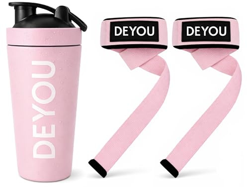 DEYOU Bundle – Edelstahl Shaker 750 ml + Zughilfen mit Polsterung & Meshbag – BPA-frei, Auslaufsicher – Gym Fitness Set für Krafttraining & Bodybuilding