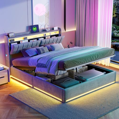 Syeklaoo Letto imbottito 160x200 con Contenitore idraulico,Letto Matrimoniale con a LED con USB 160x200 cm,Testiera con Funzione di Stoccaggio,Letto Baule con Sistema e Rete a Doghe,Velluto,Grigio