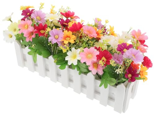 FESTFENDS Faux Daisy Flowers Artificial Potted Plant with Fence, 30 Mixed Color Bellflower Stems, Indoor and Outdoor Wedding Centerpiece Decoration for Garden, Porch, and Home Random Color