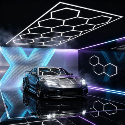 Oyajia Hexagon LED Deckenleuchte,14 Hexs 680W Garagenbeleuchtung, Rechteck, DIY LED-Deckenleuchten 6500K Weiß für Garage, Werkstatt, Lager, Keller, Fitnessstudio,Salon (484.5 * 243.5 * 3.7 cm)