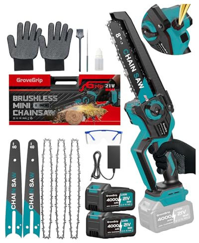 GroveGrip Mini Tronçonneuse sans fil 8 pouces,moteur sans balais 1400W,graisseur automatique,2x4000mAh batteries(compatible Makita), Légère,utilisable à une main (Bleu)