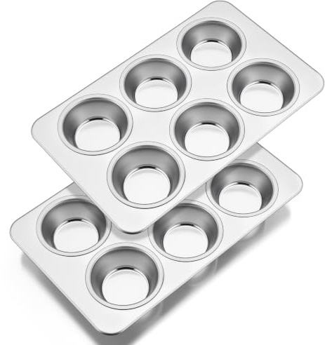 HaWare 2 Pack Muffin Tin, Stainless Steel 6 Cup Yorkshire Pudding Tray | Muffin Baking Pan for Cupcake, Brownie, Pie, Quiche, No Coatings and Rust-resistant, Easy to Clean, Oven & Dishwasher Safe