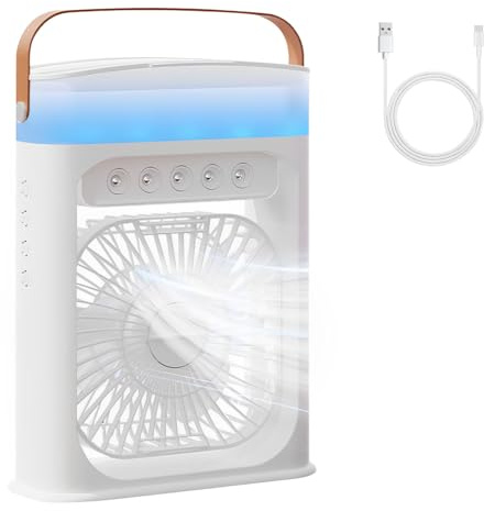 Portable Air Conditioner, 4-in-1 Air Cooler, Quiet Mini Air Conditioner Desk Fan, 3Wind Speeds/3Spray Modes/600ml Water Tank/6Colors Humidifier Fan Conditioner for Room Office（White）
