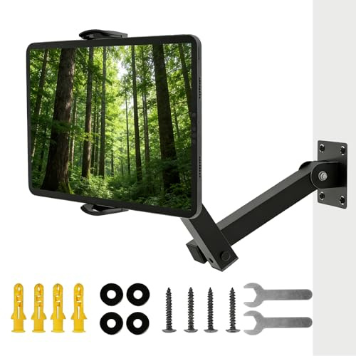 Soporte de Pared para Tableta, Soporte Tablet Pared, Soportes de Pared Ajustable Compatible, Rotación de 360°, Altura Ajustabley Plegable, Apto para Dispositivos de 4 a 13 Pulgadas