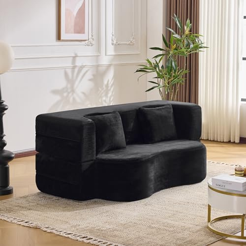 Zenithpath Schlafsofa Faltbar Bodenstehend Montagefrei, Futon Schlafsofa 2-in-1 Schwarz für Wohnzimmer & Gästezimmer, Klappbares Bodenschlafsofa für Schlafzimmer & Kleine Wohnungen