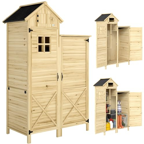 Outsunny Armoire de Jardin en Bois avec Toit en Asphalte Robuste Naturel | Abri de Jardin, Double Zone, Étagères Amovibles, Rangement Outils Jardin, Fenêtre, Terrasse et Cour