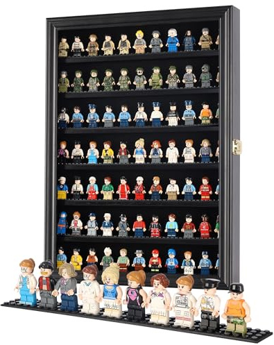 Minifigure Display Case - Building Block Toy Wall Cabinet Showcase for Small Miniature Collectibles Mini Brands Thimbles, Lockable UV Protection Door (Black Finish Frame)