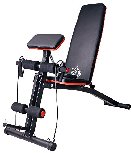 HOMCOM Foldable Weight Bench, Strength Training Sit Up Bench, Incline Decline Bench with 7-Level Backrest, Leg Extension Machine, Preacher Pad and Resistance Band for Home Gym Workout, Red
