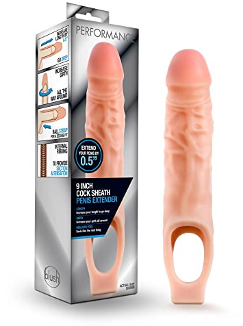 Blush Novelties, Performance - Ultra Soft X5 Plus 9 Inch Penis Sheath Extender - Extend Your Penis 0.5 - Thicken Up to 1.5- Realistic Textured Cock Sleeve - Girth Enhancer Sex Toy for Men - Beige