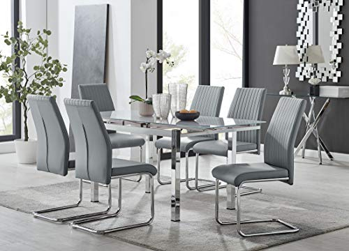 Furniturebox UK Enna White Tinted Glass Extending Dining Table and 6 Grey Lorenzo Chairs in Faux Leather with Chrome Cantilevered Leg Modern Dining Set