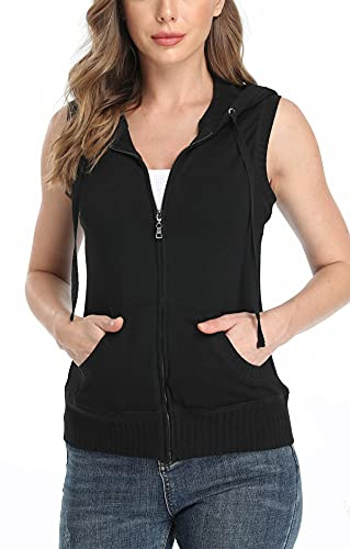 MISS MOLY Ärmellos Sweatjacke Damen Weste Hoodie Shirt mit Reissverschluss Kurzarmjacken Sweatshirt Large, Schwarz