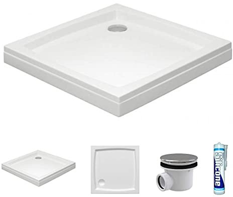 ECOLAM® Duschwanne Duschtasse flach Patio2 Viereck quadratisch 90x90 x16 cm Tiefe 5 cm Acryl weiß abnehmbare Schürze + Siphon + Silikon (80 x 80 cm)