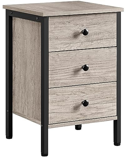 Yaheetech Nachttisch Nachtkommode Nachtschrank mit 3 Schubladen, Beistelltisch aus Holz und Metallrahmen, Industrie-Design, Grau