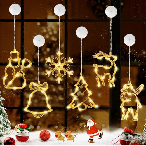 Anyingkai 6 Stück LED-Weihnachtsbeleuchtung mit Saugnapf für Fenster, Fensterdekoration, dekorative Weihnachtsbeleuchtung, batteriebetrieben