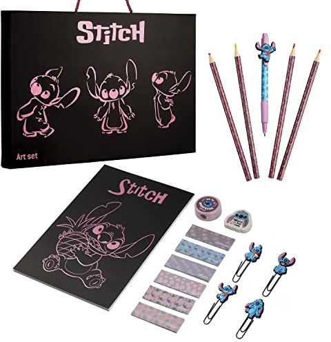 Disney Stitch Schreibwaren Set Mädchen, Notizbuch Federmäppchen & Kugelschreiber Set oder Malblock, Schulbedarf für Schulanfang Und Alltag, Coole Geschenke für Kinder (Schwarz)