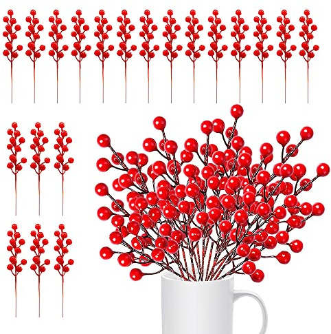 KBNIAN 20 Stück Weihnachtsrote Künstliche Beeren 20 cm Künstliche Holly Berry Rote Beere Gefälschte Beerenzweige Beerenstängel für DIY Weihnachtsbaum Kranz Hochzeit Partydekoration