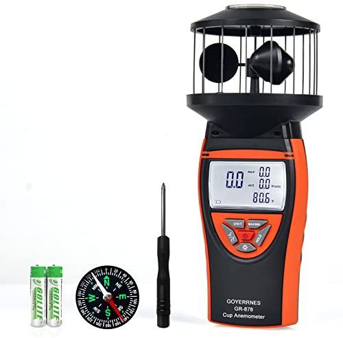 Digital Wind Speed Anemometer Handheld,GR-878 Wind Speed Gauge Meter Shows Wind Temperature,Max/Min/Avg Air Volume,Wind Velocity/Direction with Compass for HVAC Weather Monitoring