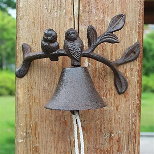 HEPPPP Zwei Vögel Blätter Zweig Gusseisen Wandglocke Antike rustikale Hausgarten Wandmontage Schwermetall Hand cranking Willkommen Türglocke Mahlzeitglocke