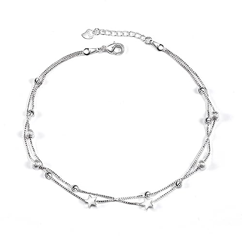 VGWON Bracelet Cheville Femme en Argent 925 | Avec Perles en Forme D'Étoile À Double Couche, Design Simple et Élégant pour Les Femmes et Les Filles