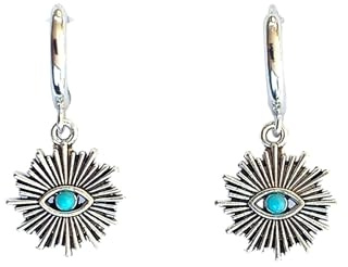ASTER ALHELÍ - Pendientes Mujer Aros Pequeños Chapados en Platino - Colgantes Sol Étnico Flor del Sol Plata Vieja con Piedra color Turquesa - Amuleto Protector - Pendientes Originales Mujer