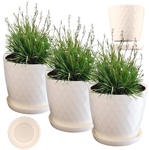 KADAX Blumentopf, Kunststoff Topf-Set mit Untersetzer, Pflanzkübel aus leichtem Material, dekorativer Kräutertopf, Topf für Blumen, Pflanzen, Kaktus und Sukkulente (Set of 3 – 16cm, Ecru)