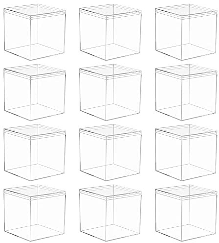 12 Stück Kunststoff Geschenkbox, 7.5x7.5x7.5cm Kleine Klare Box für Gastgeschenk Durchsichtig Quadratische Acrylbox mit Deckel Aufbewahrungsbox für Schmuck,Vitrine,Aufbewahrung Süßigkeiten Verpackung