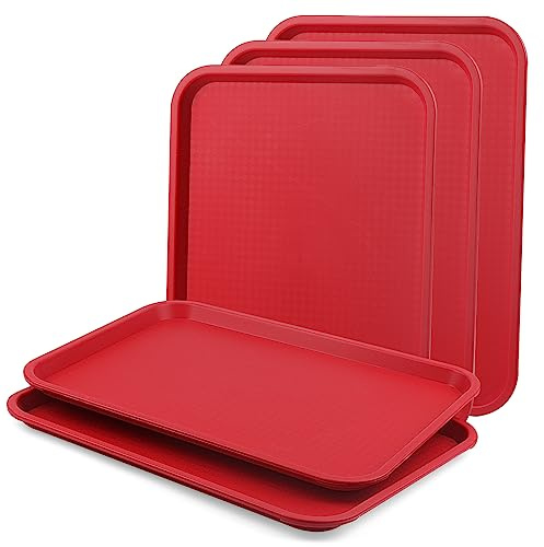 LEXININ Paquete de 5 bandejas de plástico rojo para servir alimentos, 41 x 30 cm, bandejas rectangulares de plástico para restaurante y comida rápida