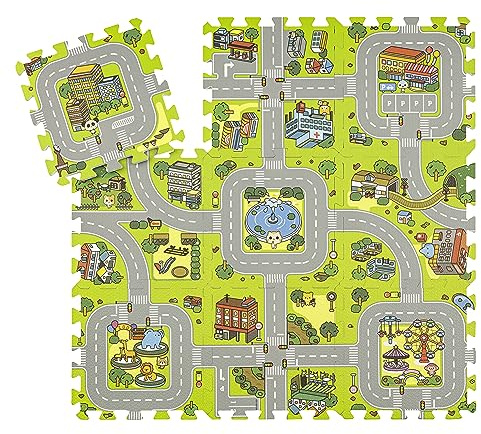 Baroni Toys Tapis Puzzle pour Enfants en EVA 9 Pièces avec Graphiques de Rues, Tapis en Mousse à Emboîter, Matériau Sûr et Non Toxique, 32x32 cm