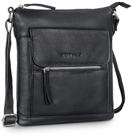 ROYALZ Florence Moderne flache Lederhandtasche Damen Echtleder klein Umhängetasche flach elegante Vintage Handtasche Schultertasche;Farbe:Schwarz