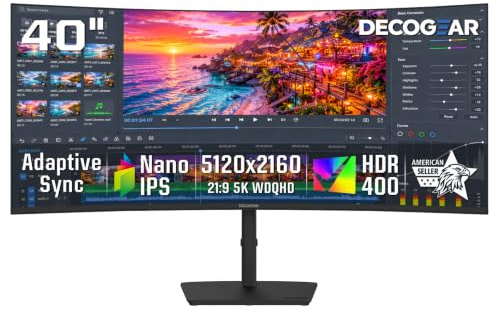Deco Gear Monitor Nano IPS curvado ultra ancho de 40, 5120x2160 5K2K, 21:9, HDR10, AdaptiveSync, 100% sRGB, HDMI 2.0, DP, USB-C