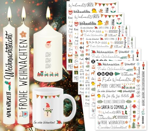 Tixlux 6 PCS Kerzentattoo Weihnachten (200+ Muster), Wassertransferdruck | Wasserschiebefolie kerzen | Kerzenaufkleber | Kerzen dekorieren | Gedenklicht | Trostkerze | Geburtstagskerze (WeihnachtenⅡ)