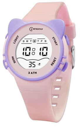 HMJIA Orologio Bambina con Motivo Gatto 3ATM Impermeabile con luce Cronometro Allarme Cinturino in Silicone per Orologio Digitale Bambina Orologio bambini da 3 a 12 Anni (Rosa)