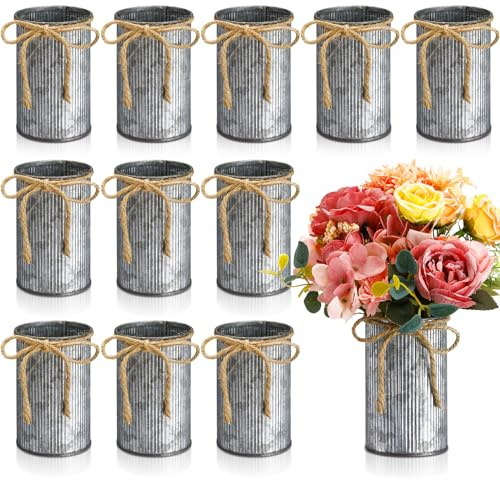 Rustic Vase for Table Centerpieces 4.33 Inch Small Petite Flower Vase with Twine Bow Vintage Farmhouse Decor for Wedding Reception Dining, Home Galvanized Metal Buckets(Iron Color,12 Pcs)