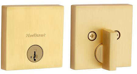 Kwikset Downtown Deadbolt Lock, Satin Brass Square Exterior Keyed Front Entry Door, Pick Resistant SmartKey Rekey Security, Single Cylinder Dead Bolt, with Microban Protection