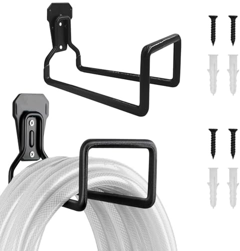 Riomijun 2 Stück Schlauchhalter Wand, Gartenschlauch Halterung, Metall, Wandmontage, Schwarz, 2 Haken, 15 kg Tragkraft, Garten, Hof, Garage oder Schuppen