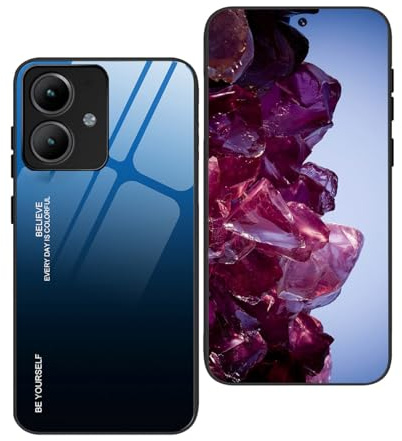 YUEQIAN Funda para Motorola Moto G14 Estuche, Degradado Color Trasera de Cristal Templado Carcasa + Marco de Silicona de TPU Flexible Absorción de Golpes Case, Azul