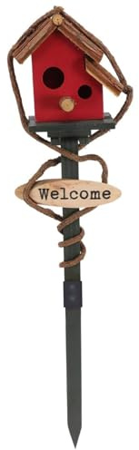 Birdhouses for Outdoors with Pole, 27.6 inch Tall Wood Bird House, Cottage Birdhouse Stand, Decorative Bird House Garden Stake for Lawn Yard Red Bird Houses For Outside