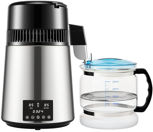 Water Distiller, 1.1 Gallon Distilled Water Maker with Glass Container, 750W Countertop Water Purifier with Dual Temp Display Timer, Stainless Steel Distilled Water Machine for Home Office Travel