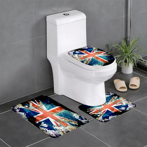 EYLOZS Badezimmerteppich Set 3 Teilig Waschbar rutschfeste Badematte Toilettenmatte Weich Saugfähige Badteppiche,Alte wackelige Grunge Distressed Union Jack-Flagge des britischen Landes Großbritannie