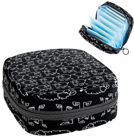 Aufbewahrungstasche für Damenbinden, Menstruationstasse, Tamponbeutel, Periodeneinlagen-Halter, Organizer für Frauen und Mädchen, niedliches, schlichtes schwarzes Schafmuster