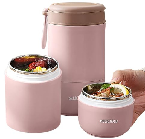 Récipient alimentaire isotherme étanche en acier inoxydable avec cuillère pour l'école, le travail, le pique-nique (rose, double couche)